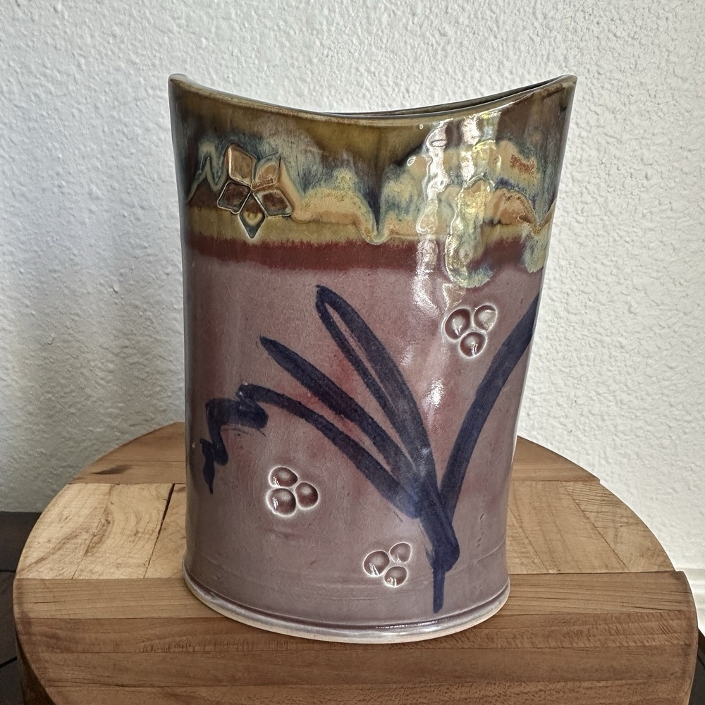Hand Thrown Studio Art Pottery Glazed Vase 7 Inch Signed Floral Geometric Multi